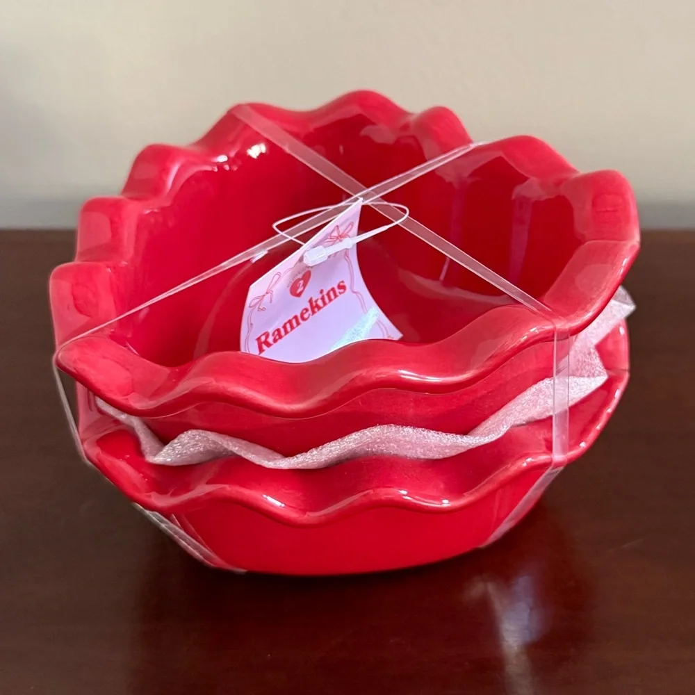 Target Bullseye Playground Red Ceramic Heart Shaped Ramekin Set of 2, Ruffled